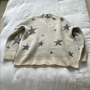 All Saints Cream and Gray V-Neck Sweater with Star Design